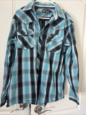 Boys Plaid pearl snap Shirt in Light Blue & Black